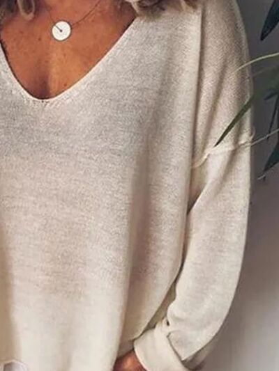 V-Neck Drop Shoulder Long Sleeve T-Shirt Plus Size