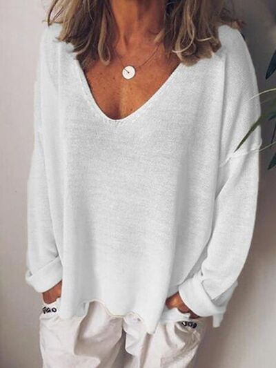 V-Neck Drop Shoulder Long Sleeve T-Shirt Plus Size