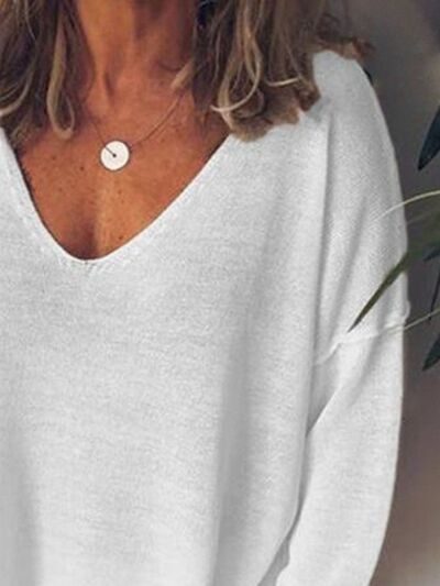 V-Neck Drop Shoulder Long Sleeve T-Shirt Plus Size