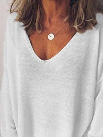 V-Neck Drop Shoulder Long Sleeve T-Shirt Plus Size