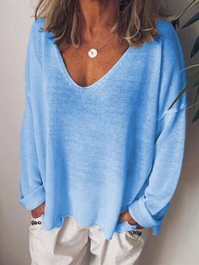 V-Neck Drop Shoulder Long Sleeve T-Shirt Plus Size