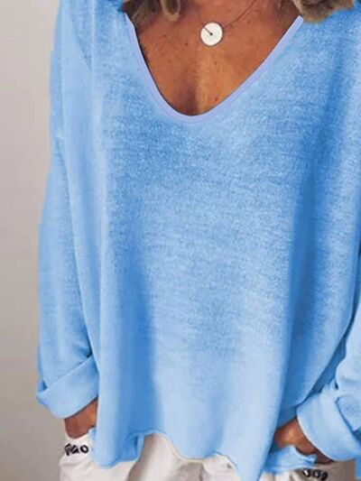 V-Neck Drop Shoulder Long Sleeve T-Shirt Plus Size