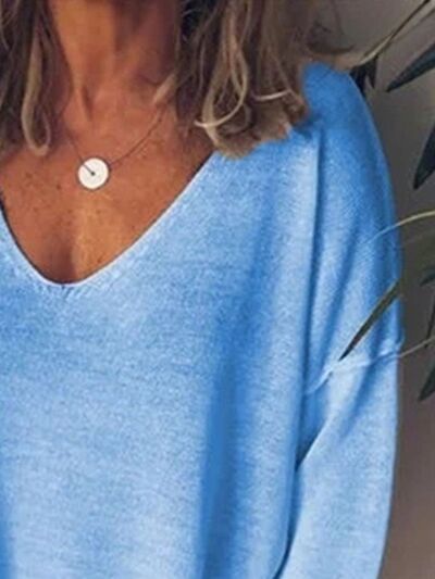 V-Neck Drop Shoulder Long Sleeve T-Shirt Plus Size