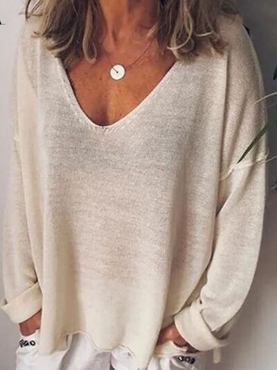 V-Neck Drop Shoulder Long Sleeve T-Shirt Plus Size
