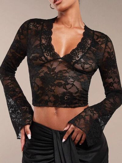 V-Neck Flare Sleeve Lace Top.