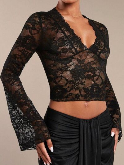 V-Neck Flare Sleeve Lace Top.