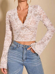 V-Neck Flare Sleeve Lace Top.