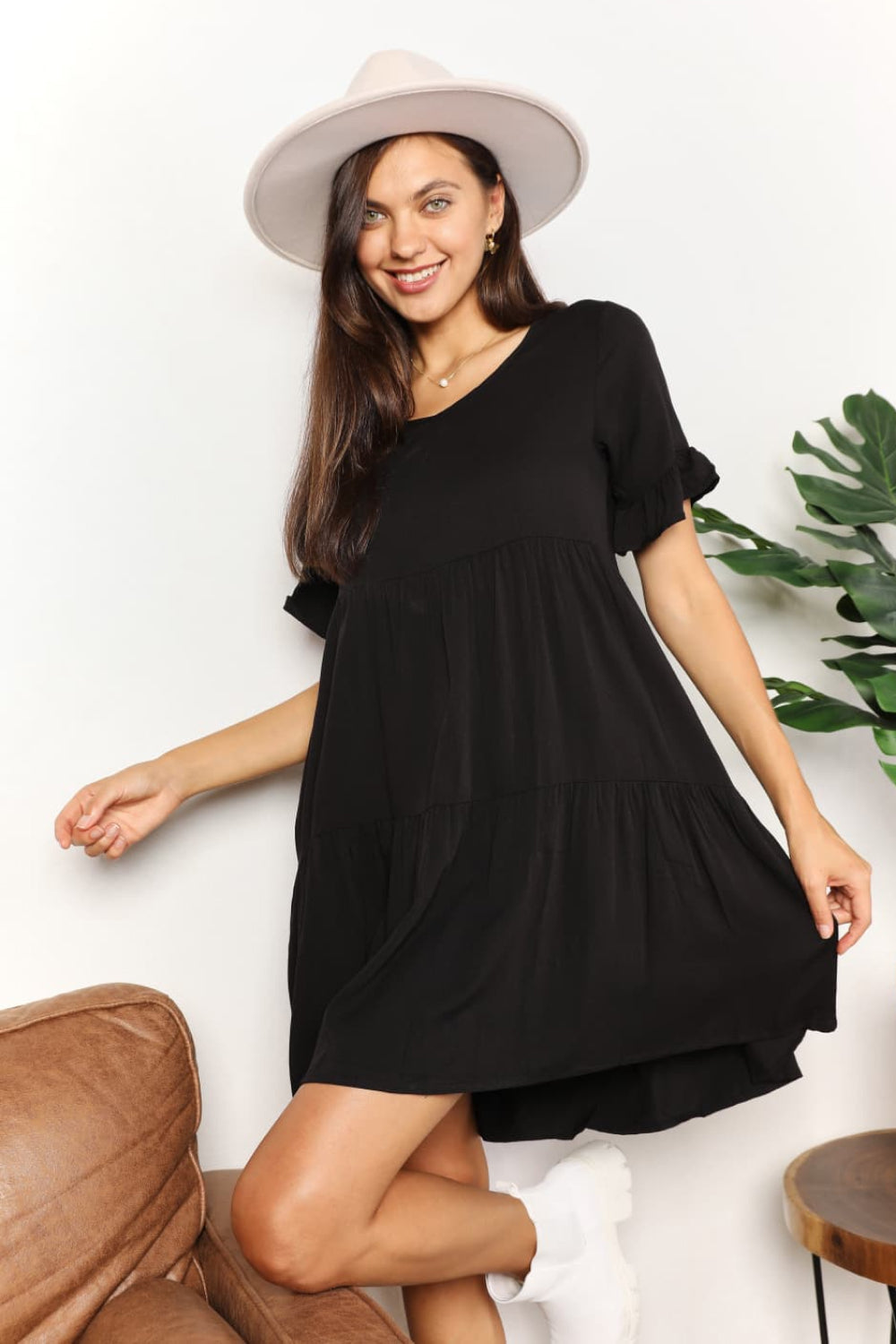 Mandy V-Neck Flounce Sleeve Tiered Dress.
