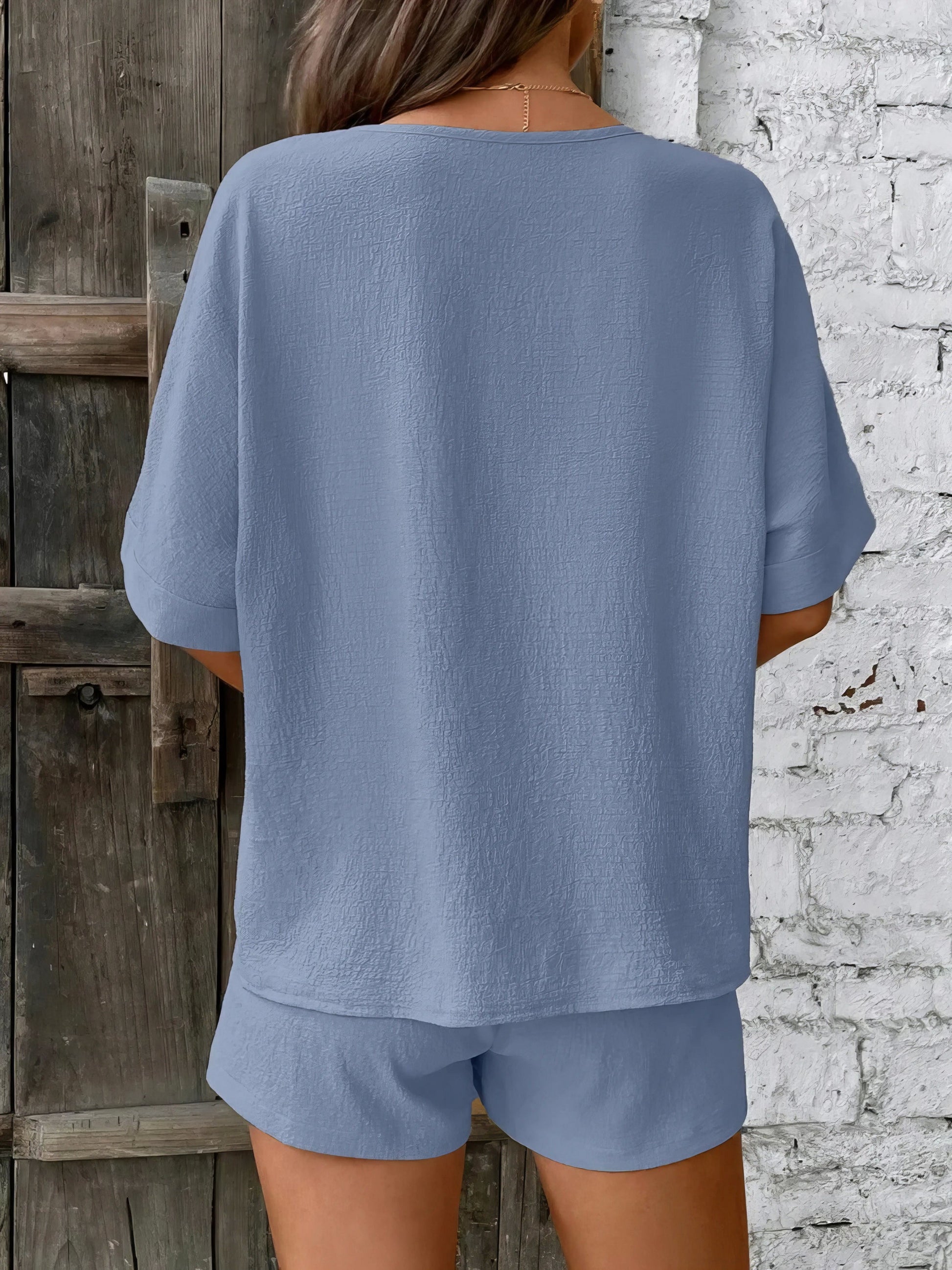 V-neck half sleeve top and shorts set, women's basic style two-piece outfit, comfortable polyester, non-stretch fabric, ideal for everyday casual wear
