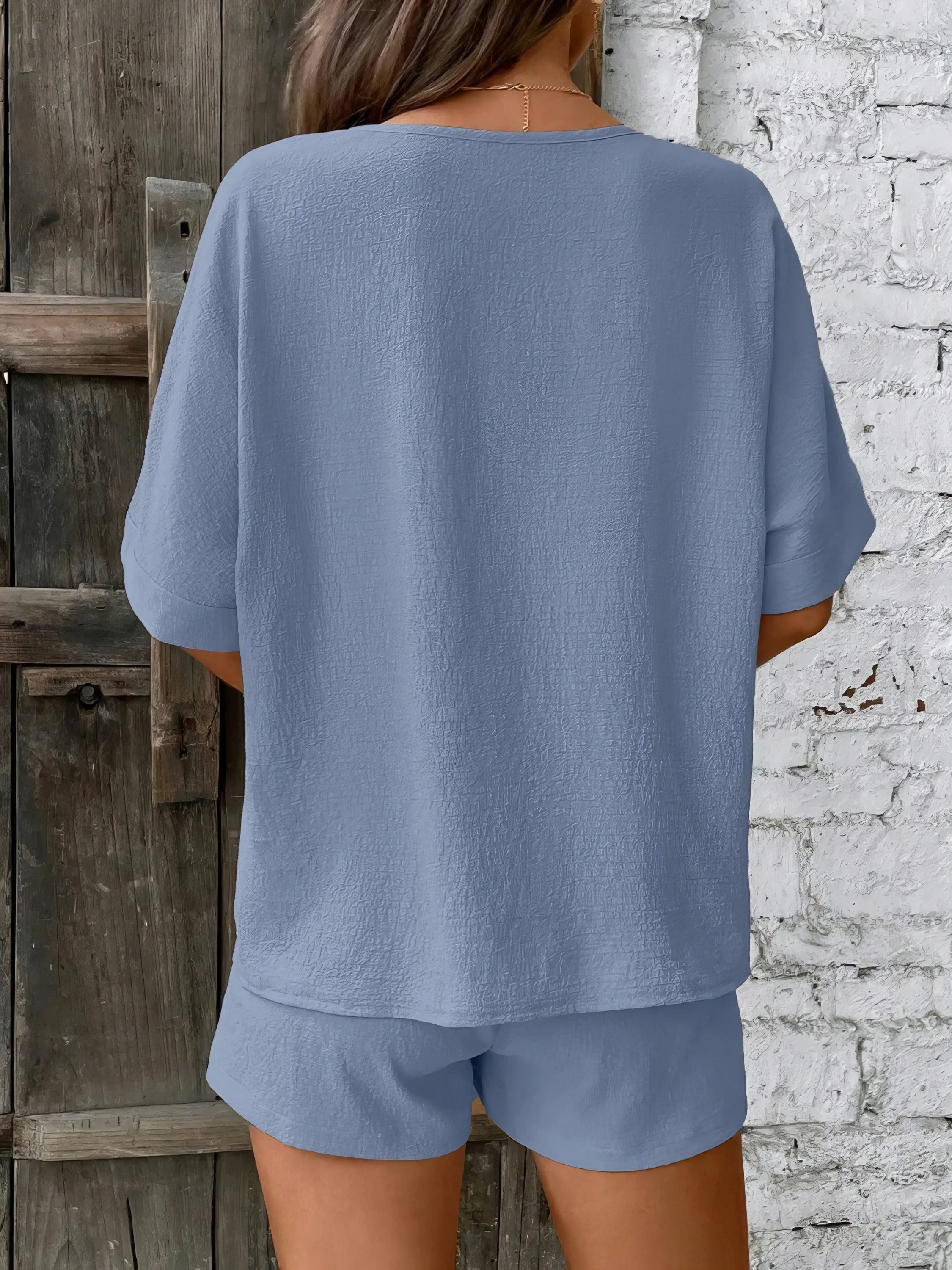 V-neck half sleeve top and shorts set, women's basic style two-piece outfit, comfortable polyester, non-stretch fabric, ideal for everyday casual wear
