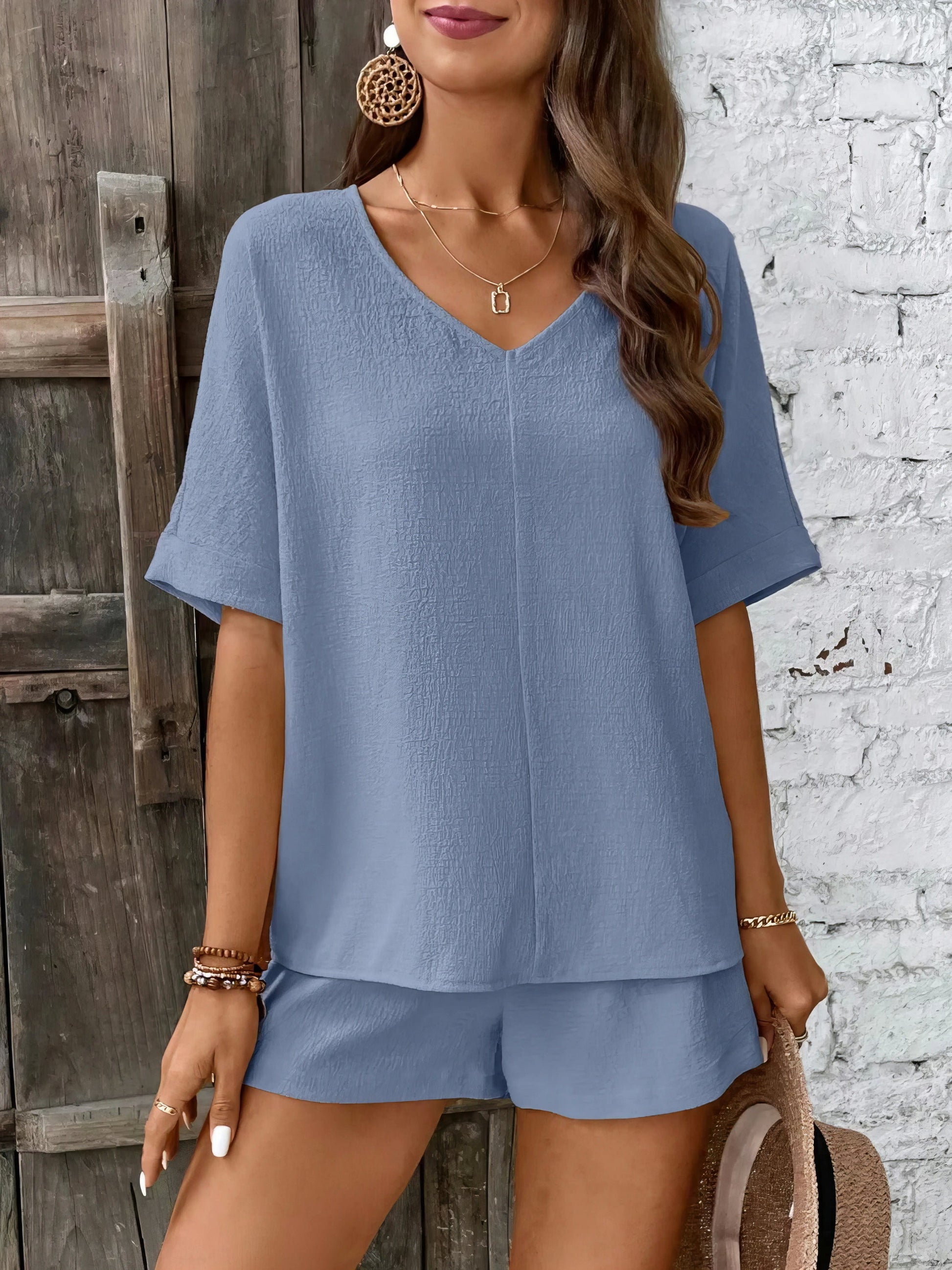 V-neck half sleeve top and shorts set, women's basic style two-piece outfit, comfortable polyester, non-stretch fabric, ideal for everyday casual wear