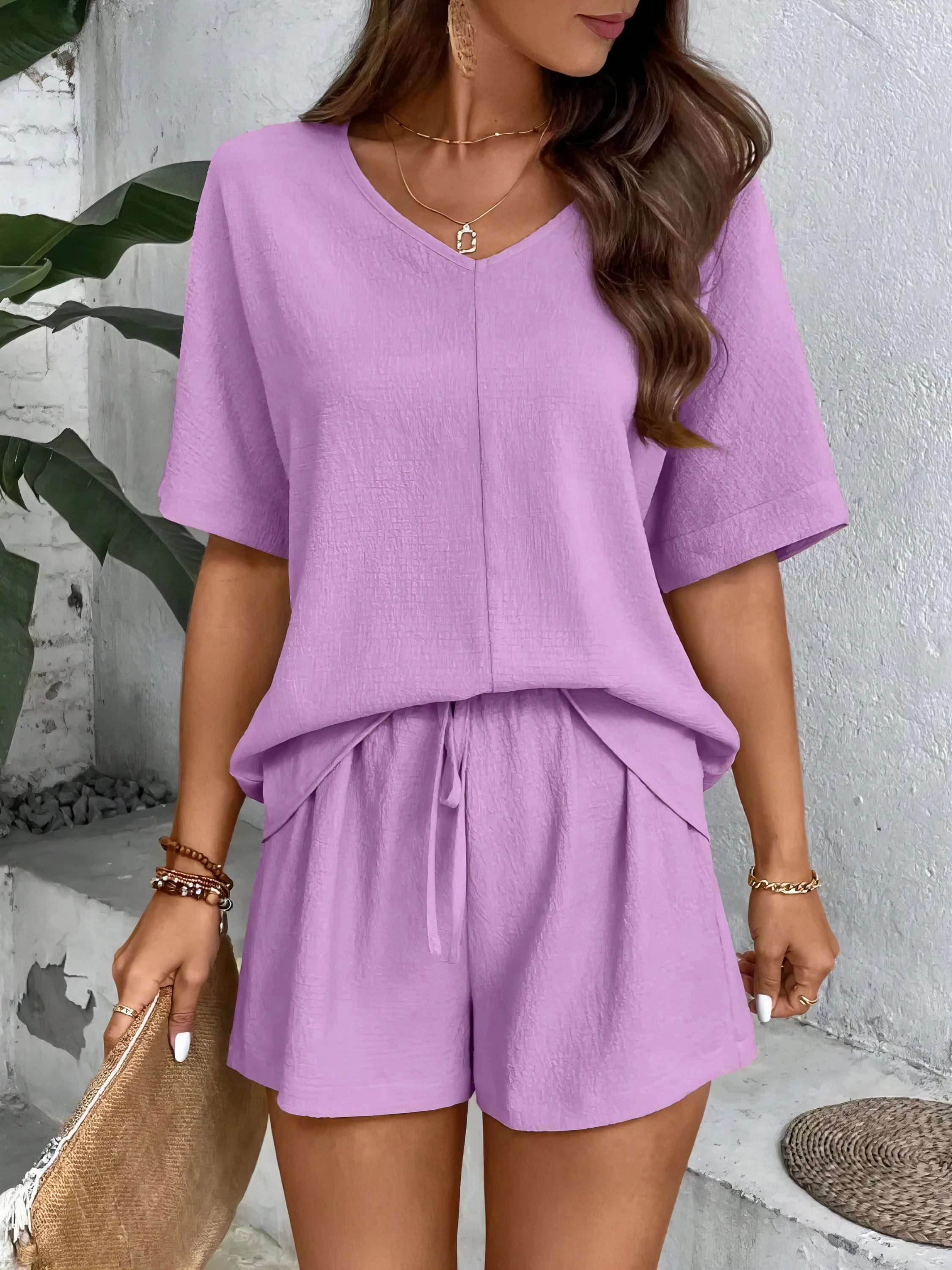 V-neck half sleeve top and shorts set, women's basic style two-piece outfit, comfortable polyester, non-stretch fabric, ideal for everyday casual wear