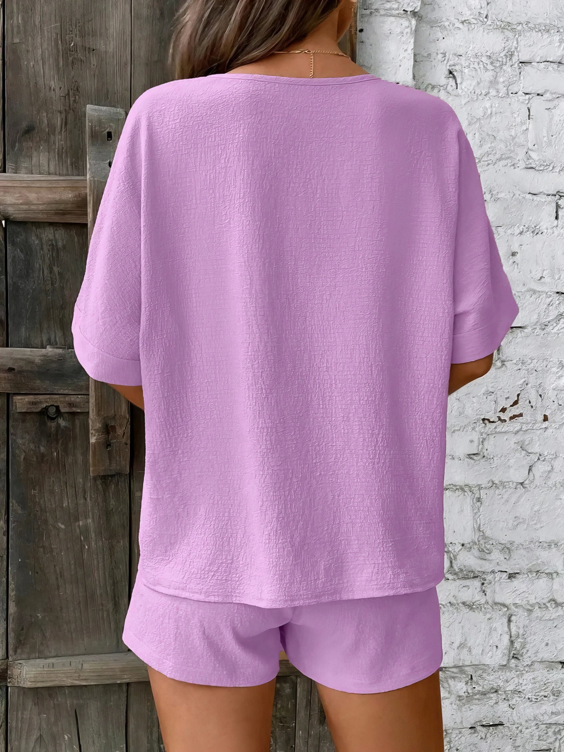 V-neck half sleeve top and shorts set, women's basic style two-piece outfit, comfortable polyester, non-stretch fabric, ideal for everyday casual wear