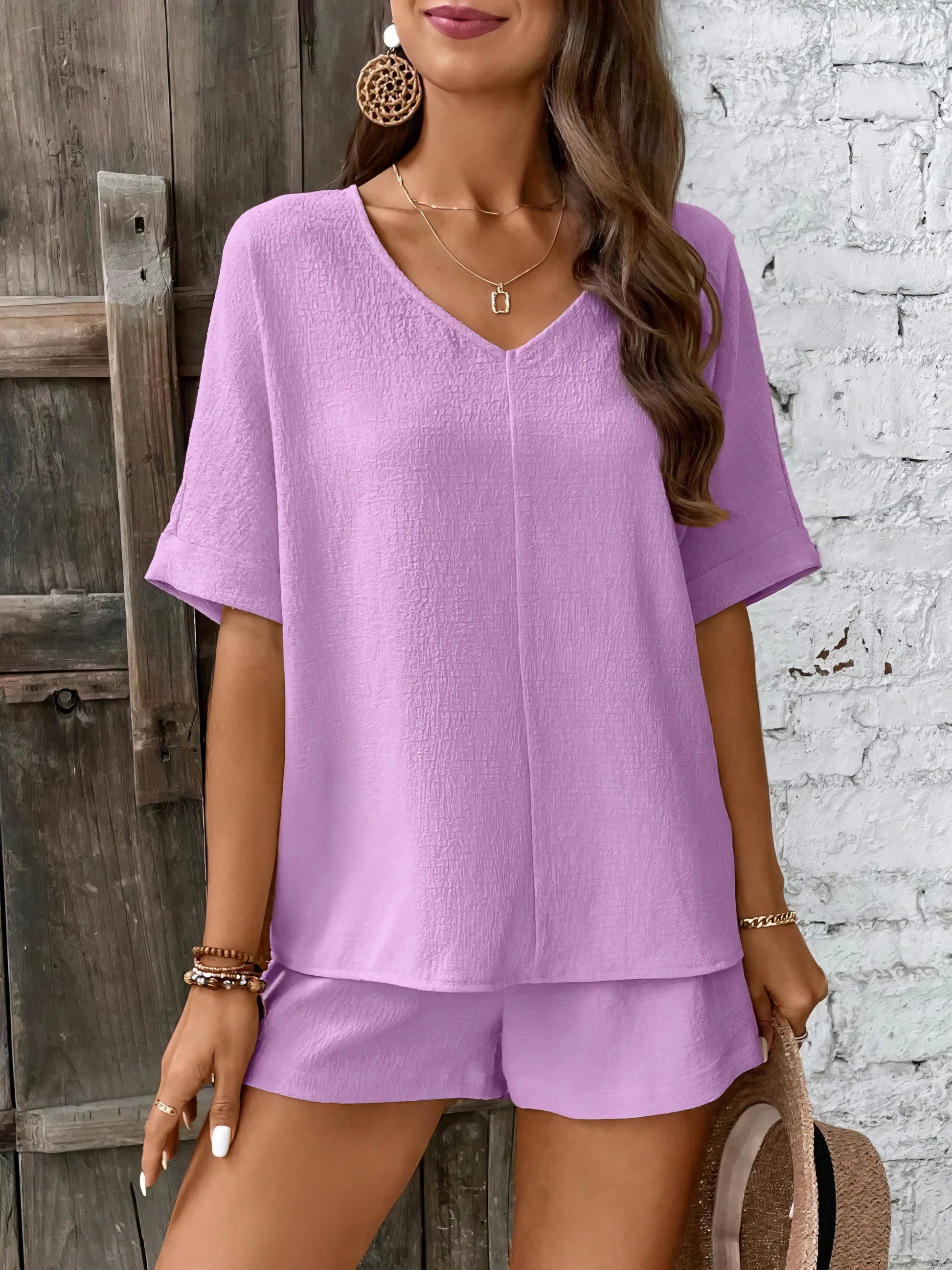 V-neck half sleeve top and shorts set, women's basic style two-piece outfit, comfortable polyester, non-stretch fabric, ideal for everyday casual wear