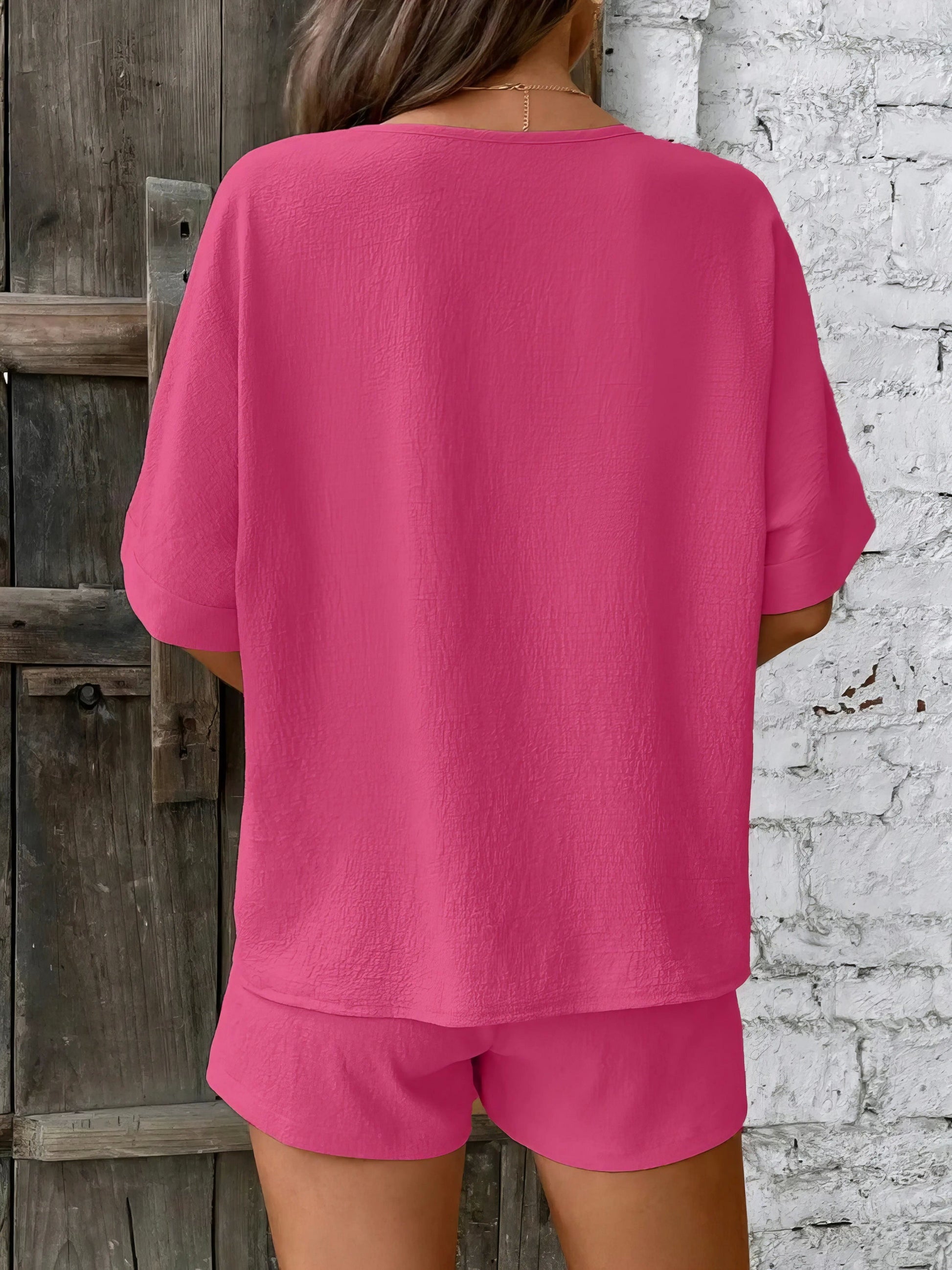 V-neck half sleeve top and shorts set, women's basic style two-piece outfit, comfortable polyester, non-stretch fabric, ideal for everyday casual wear