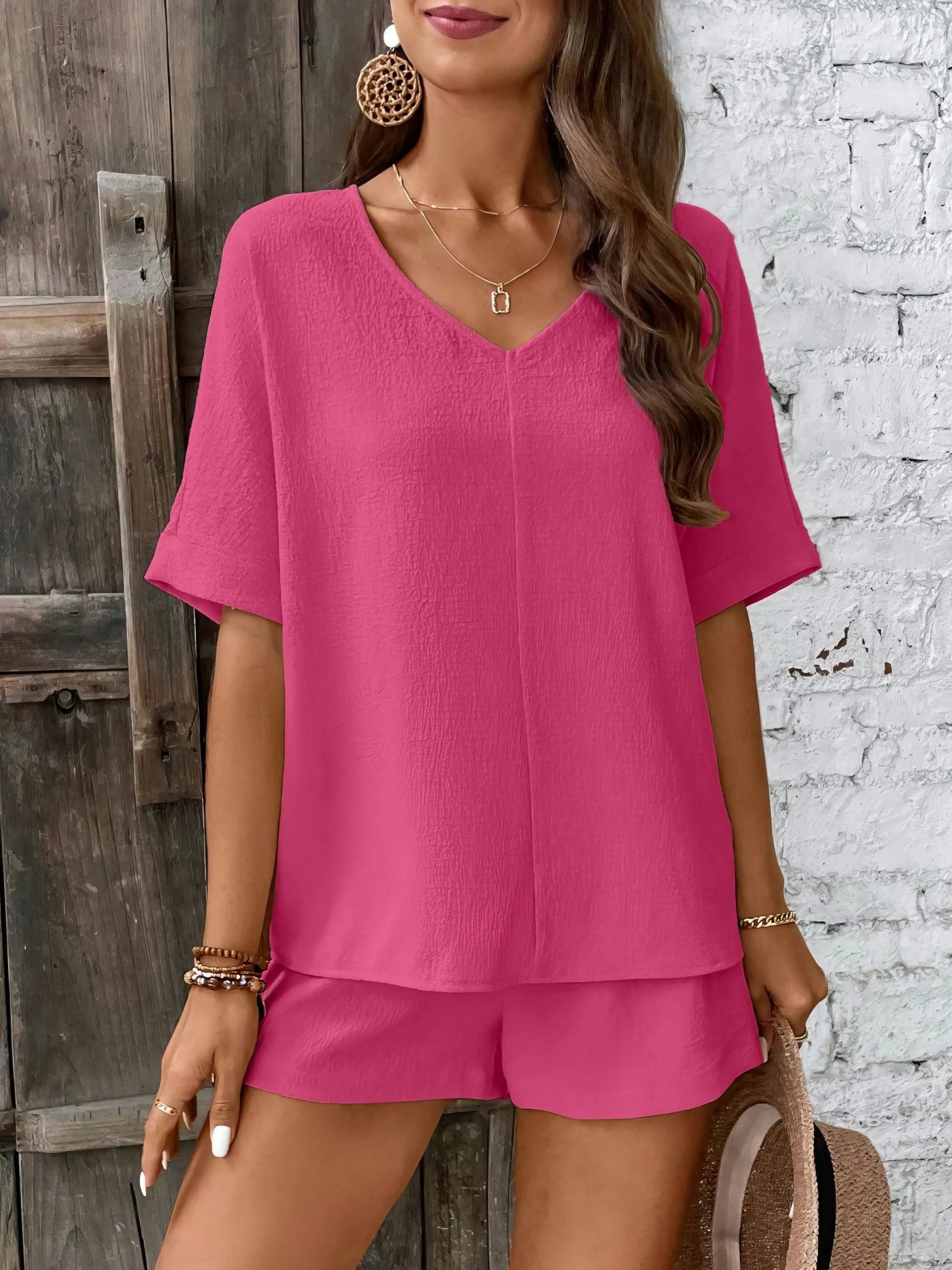 V-neck half sleeve top and shorts set, women's basic style two-piece outfit, comfortable polyester, non-stretch fabric, ideal for everyday casual wear