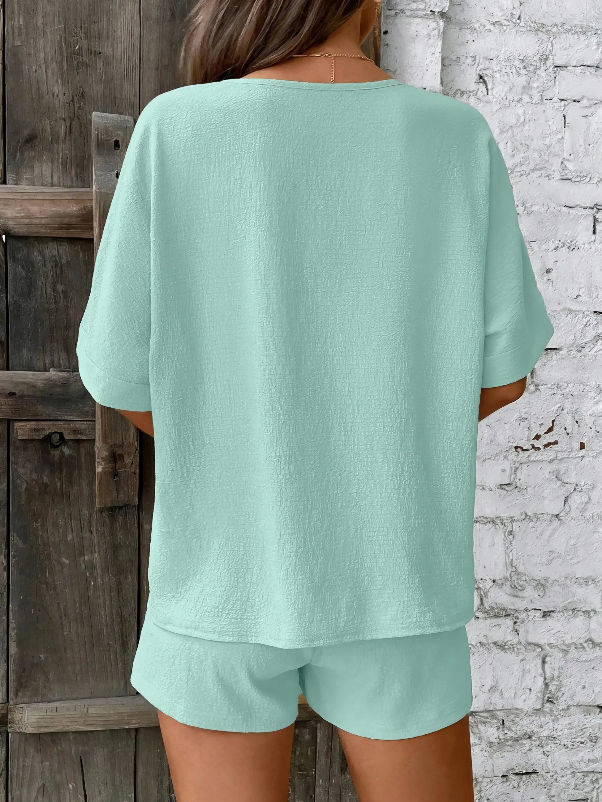 V-neck half sleeve top and shorts set, women's basic style two-piece outfit, comfortable polyester, non-stretch fabric, ideal for everyday casual wear