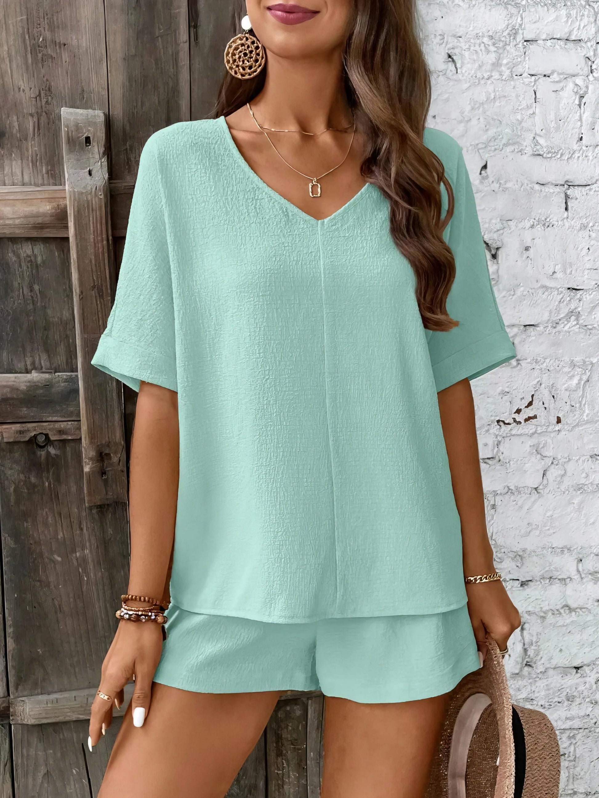 V-neck half sleeve top and shorts set, women's basic style two-piece outfit, comfortable polyester, non-stretch fabric, ideal for everyday casual wear
