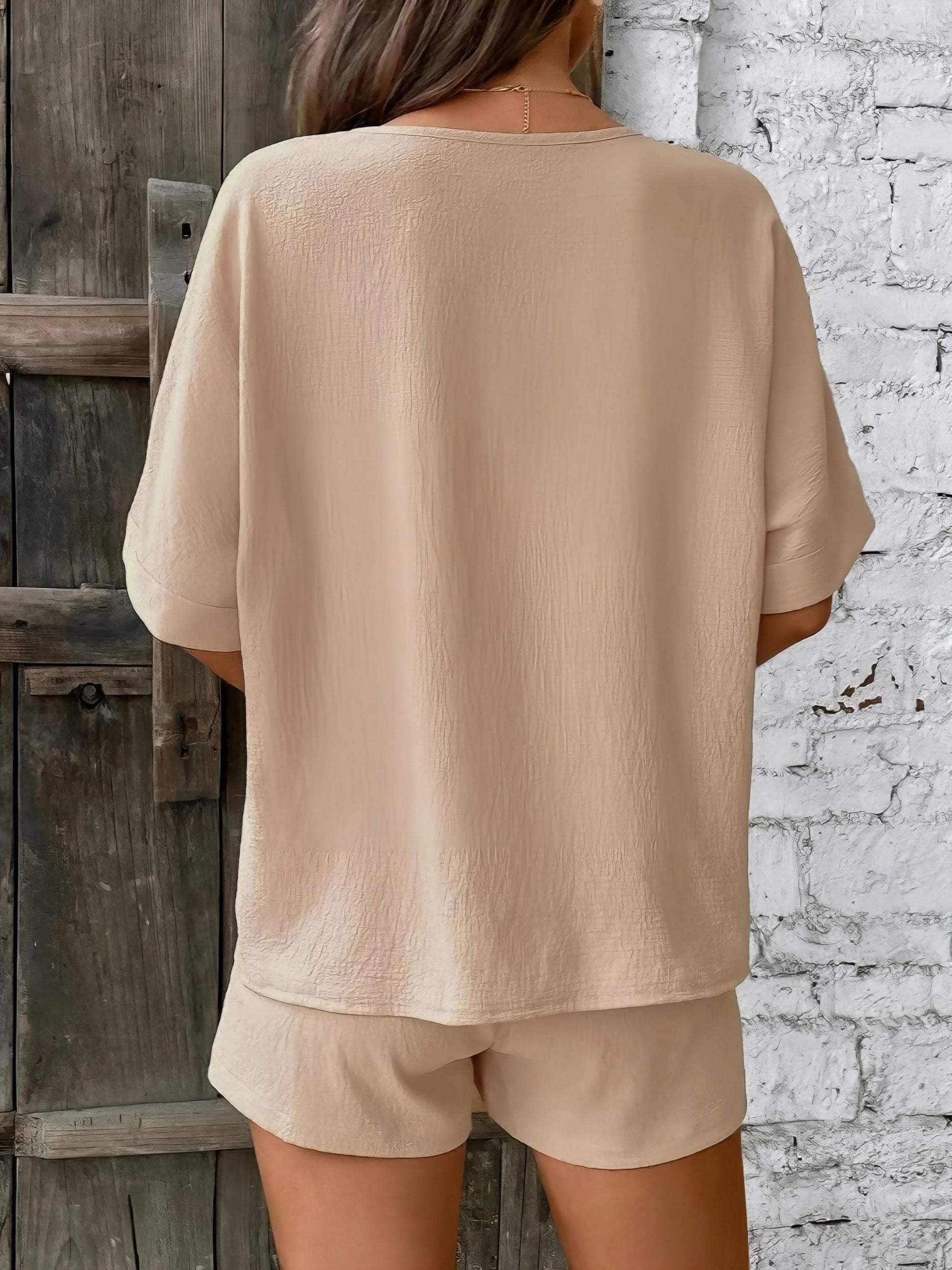 V-neck half sleeve top and shorts set, women's basic style two-piece outfit, comfortable polyester, non-stretch fabric, ideal for everyday casual wear