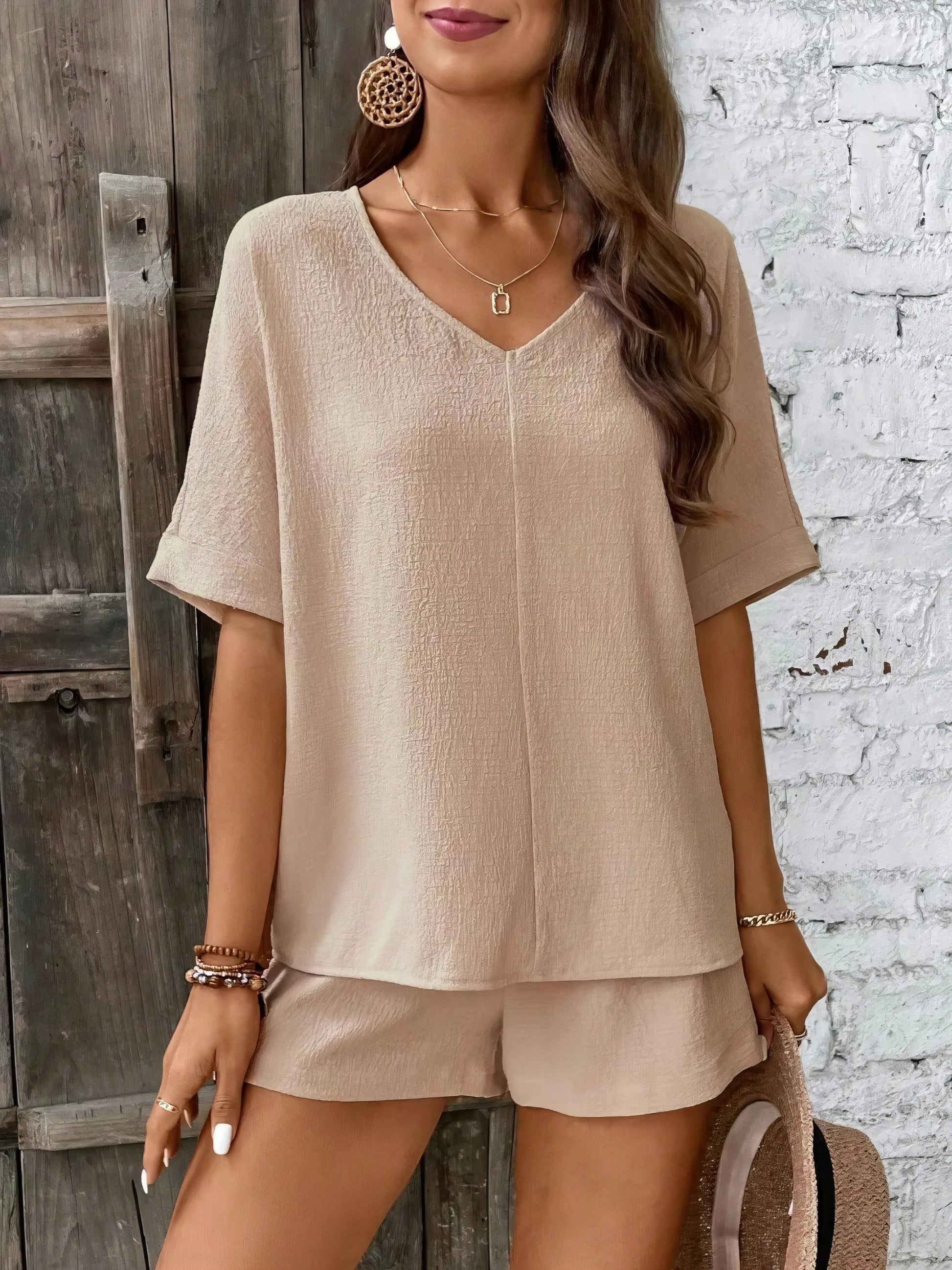 V-neck half sleeve top and shorts set, women's basic style two-piece outfit, comfortable polyester, non-stretch fabric, ideal for everyday casual wear