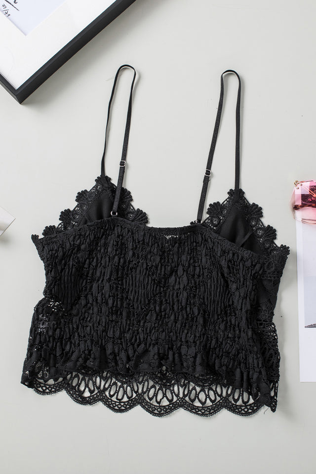 V-neck lace cropped cami, solid color, slightly stretchy.