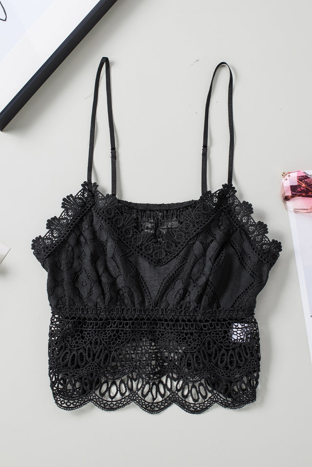 V-neck lace cropped cami, solid color, slightly stretchy.