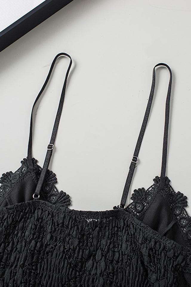 V-neck lace cropped cami, solid color, slightly stretchy.