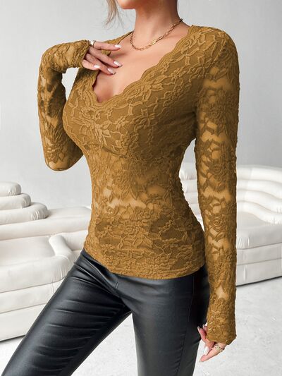 V-Neck Long Sleeve Lace Top.