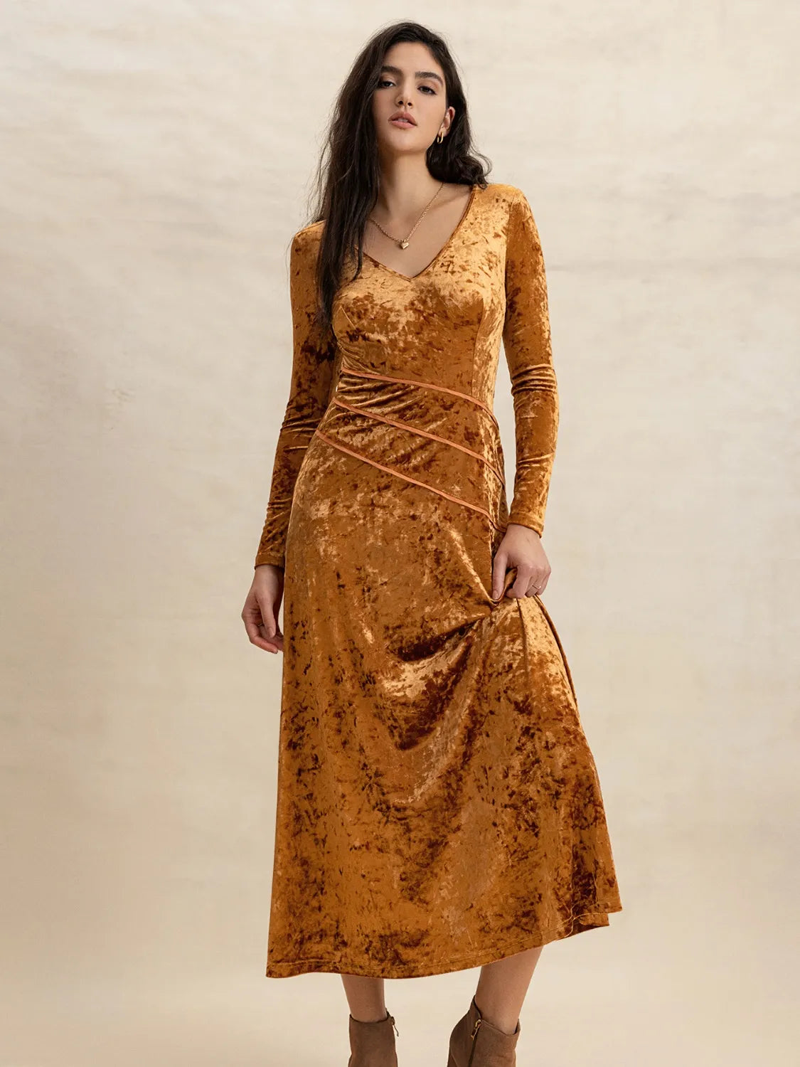 V-Neck Long Sleeve Midi Dress.