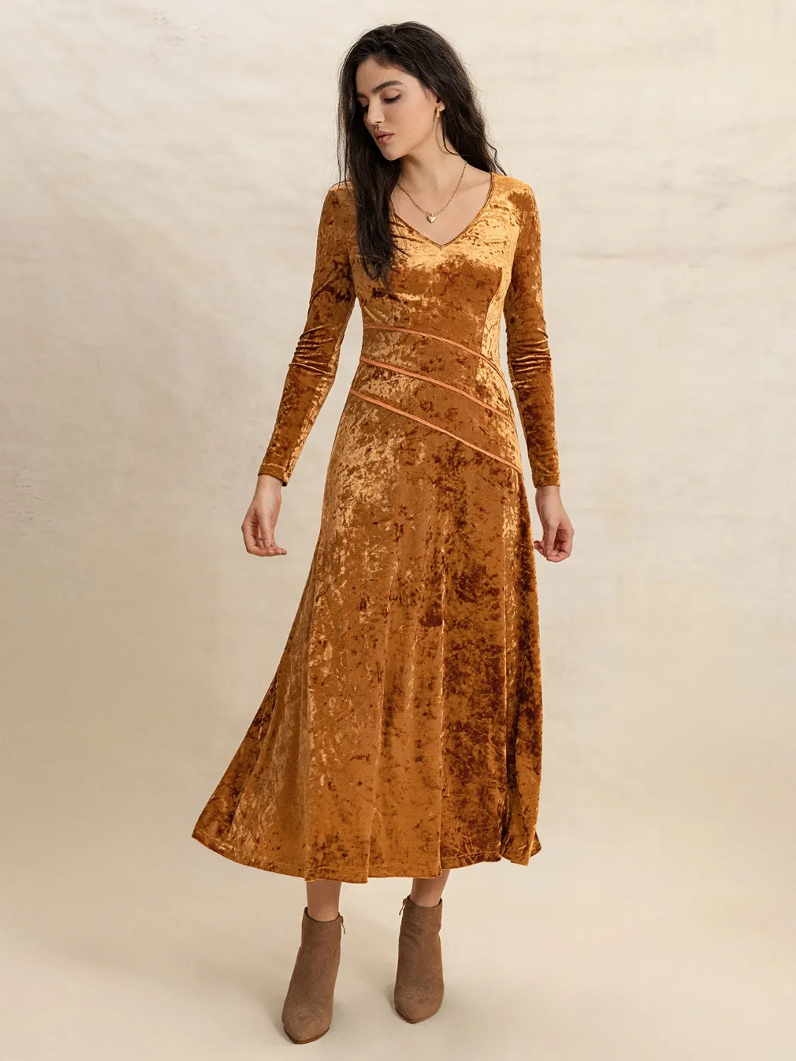 V-Neck Long Sleeve Midi Dress.