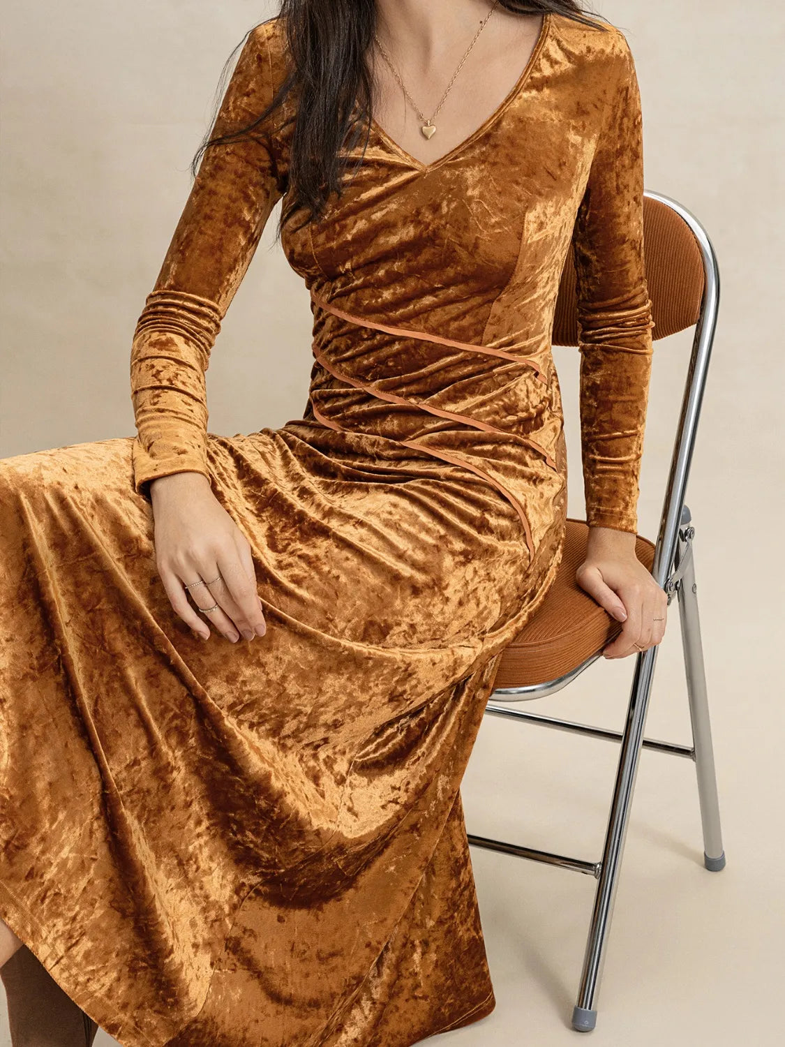 V-Neck Long Sleeve Midi Dress.