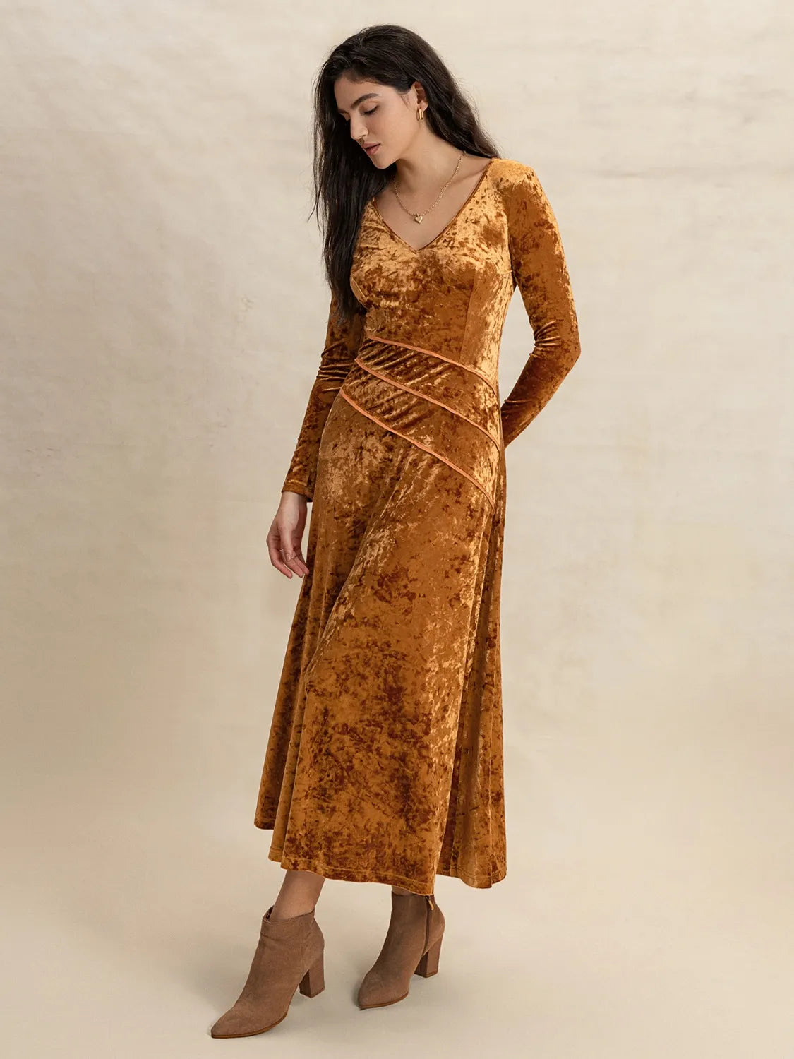 V-Neck Long Sleeve Midi Dress.