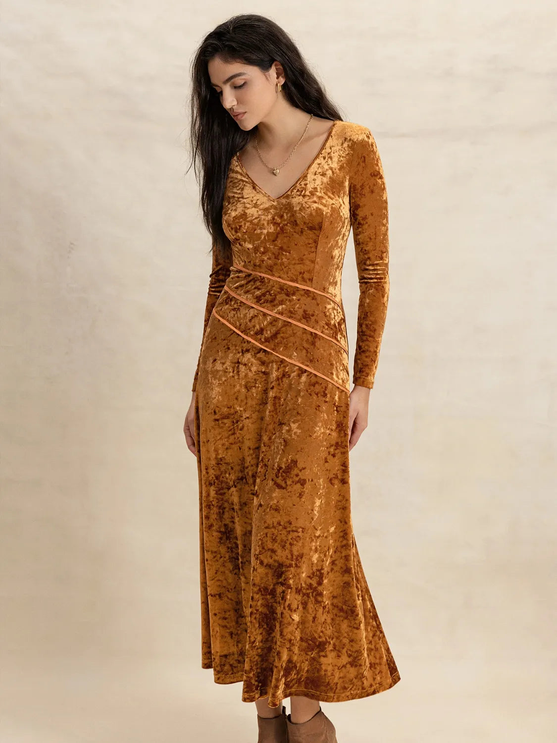 V-Neck Long Sleeve Midi Dress.