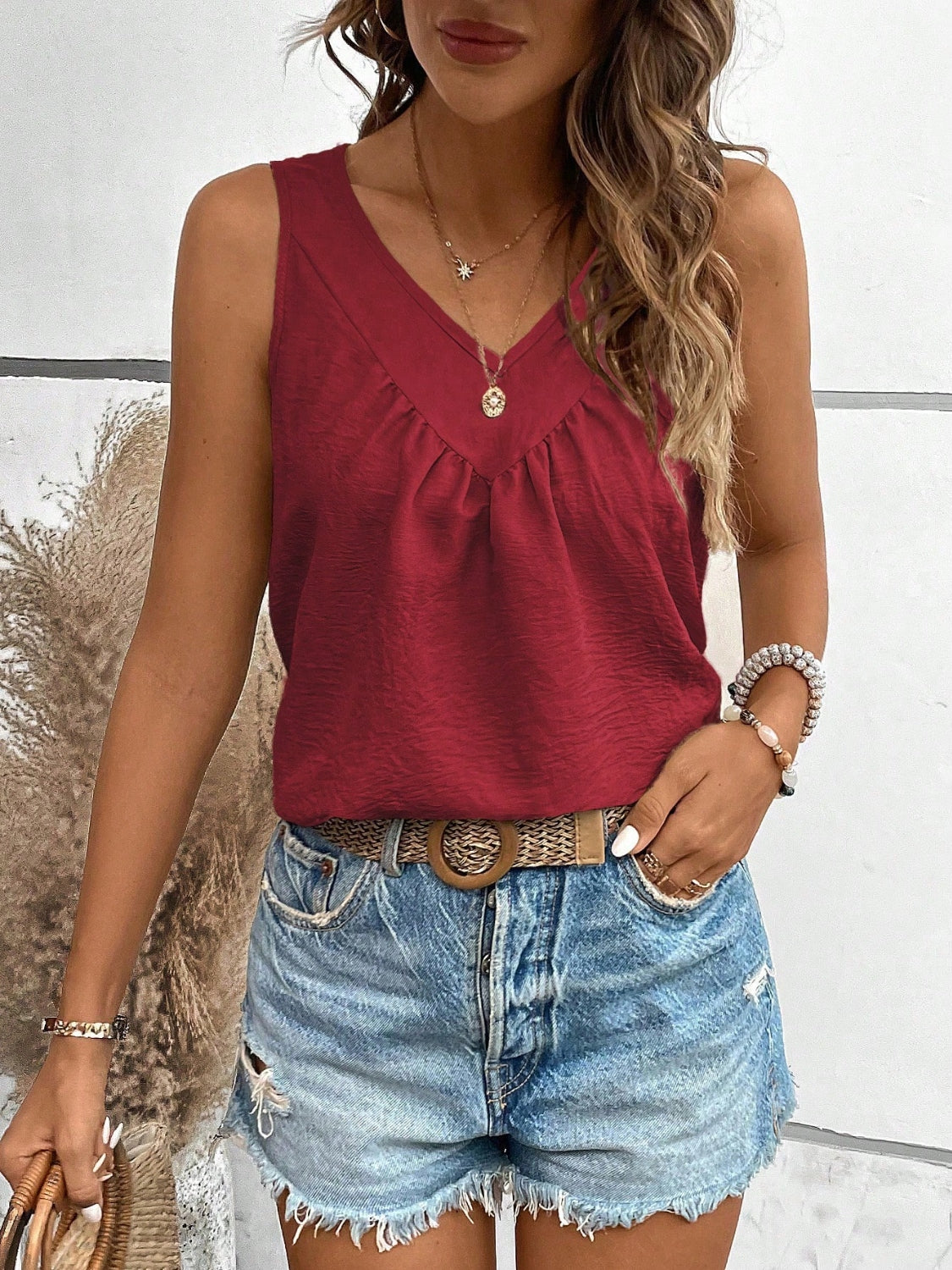 V-neck ruched tank, opaque.