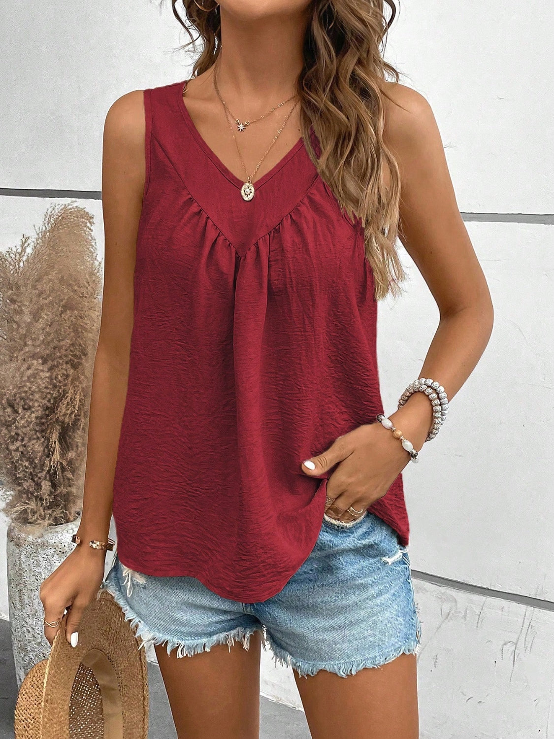 V-neck ruched tank, opaque.