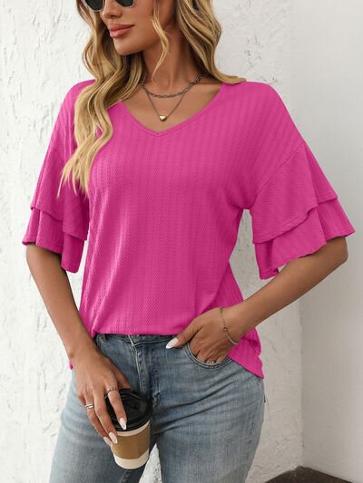 V-Neck Ruffle Half Sleeve Top