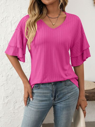 V-Neck Ruffle Half Sleeve Top