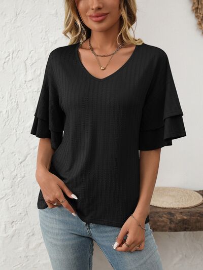V-Neck Ruffle Half Sleeve Top