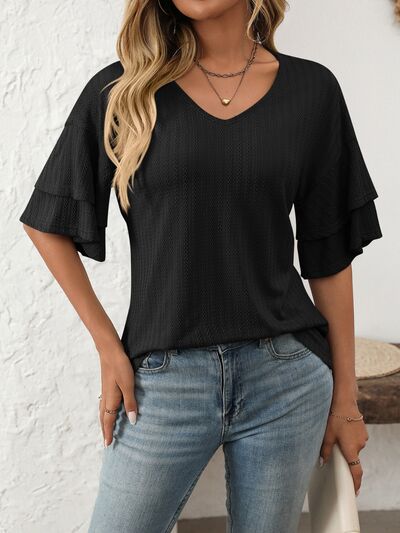 V-Neck Ruffle Half Sleeve Top