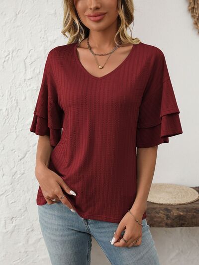 V-Neck Ruffle Half Sleeve Top