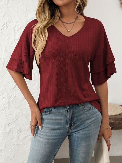 V-Neck Ruffle Half Sleeve Top