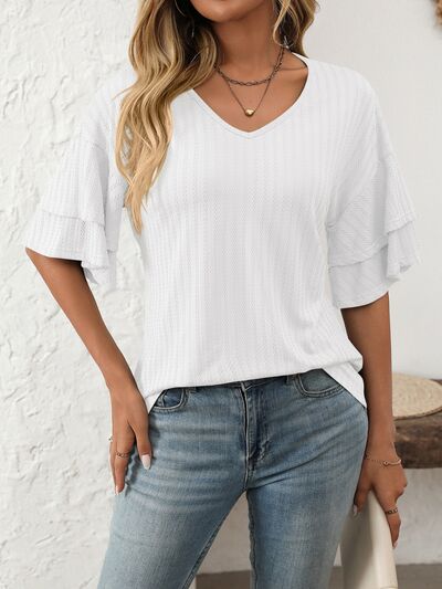 V-Neck Ruffle Half Sleeve Top