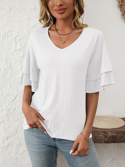 V-Neck Ruffle Half Sleeve Top