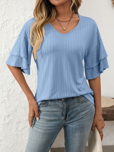 V-Neck Ruffle Half Sleeve Top