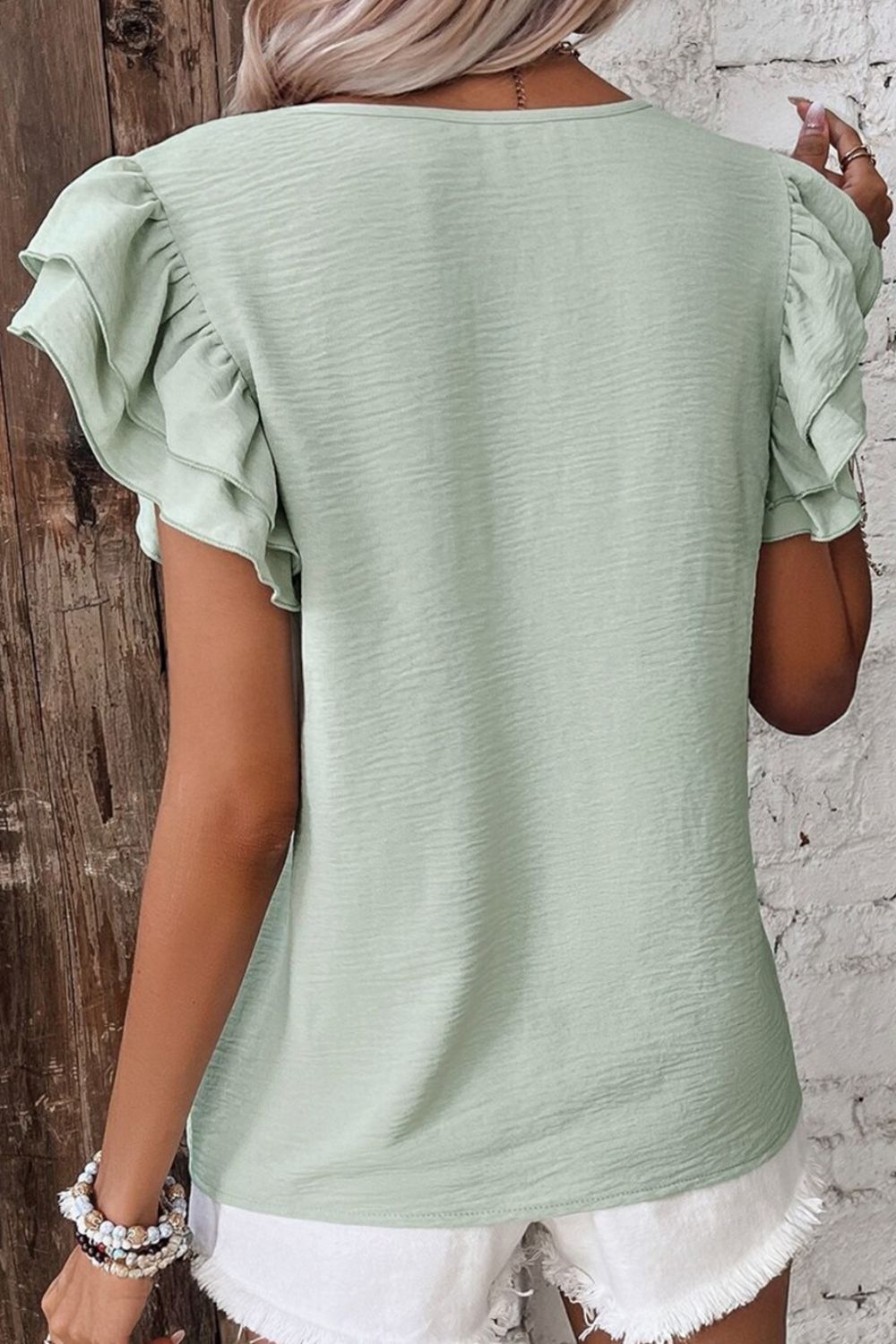 V-Neck Ruffled Cap Sleeve Blouse.