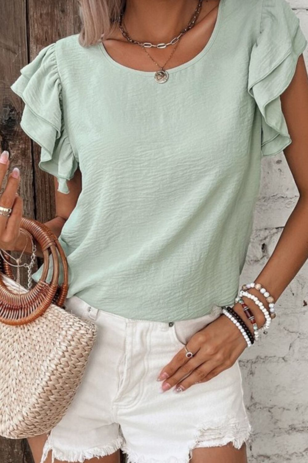 V-Neck Ruffled Cap Sleeve Blouse.