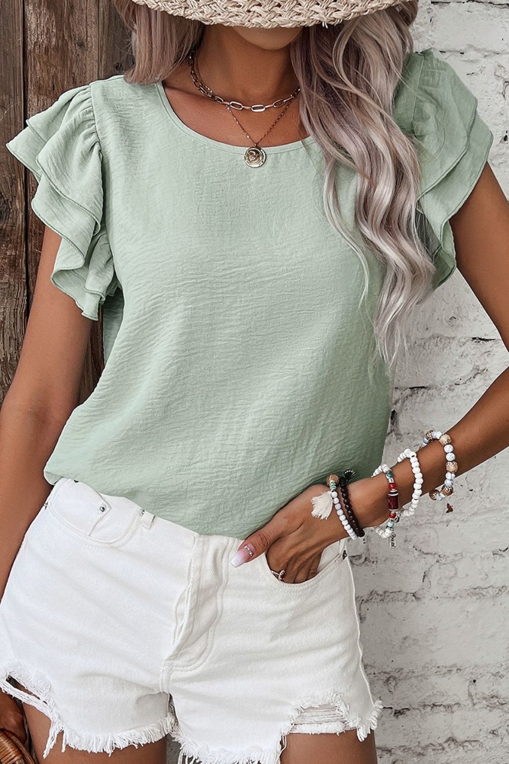 V-Neck Ruffled Cap Sleeve Blouse.