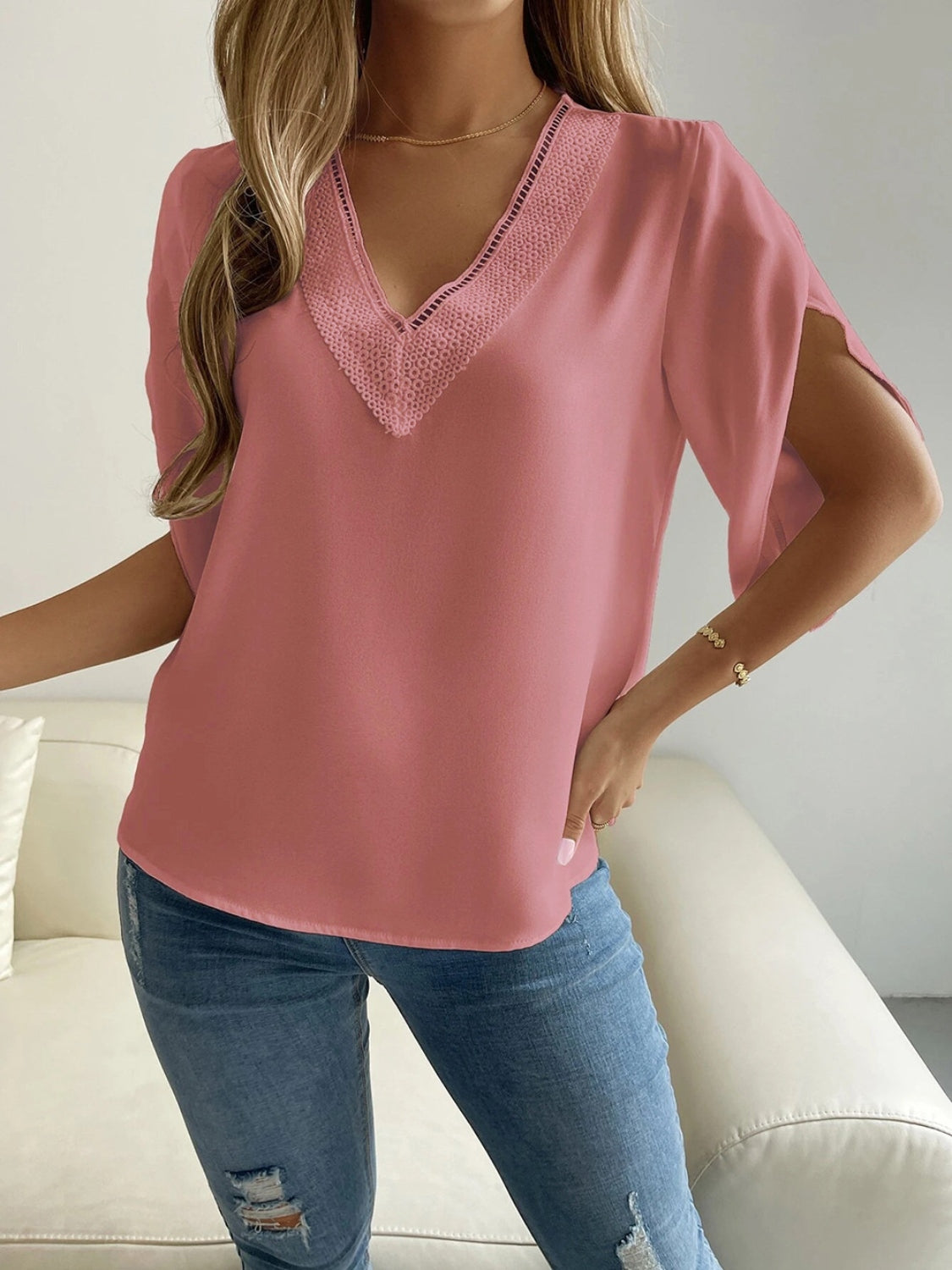 V-Neck Short Sleeve Blouse.