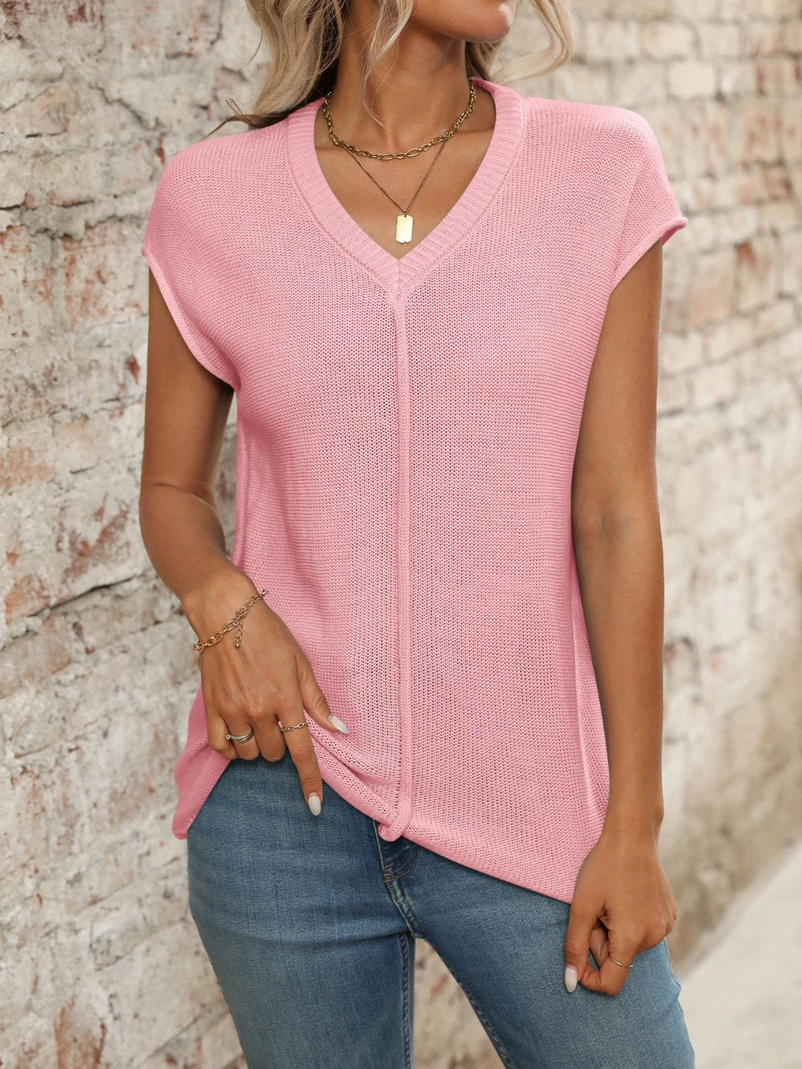 V-Neck Short Sleeve Knit Top.