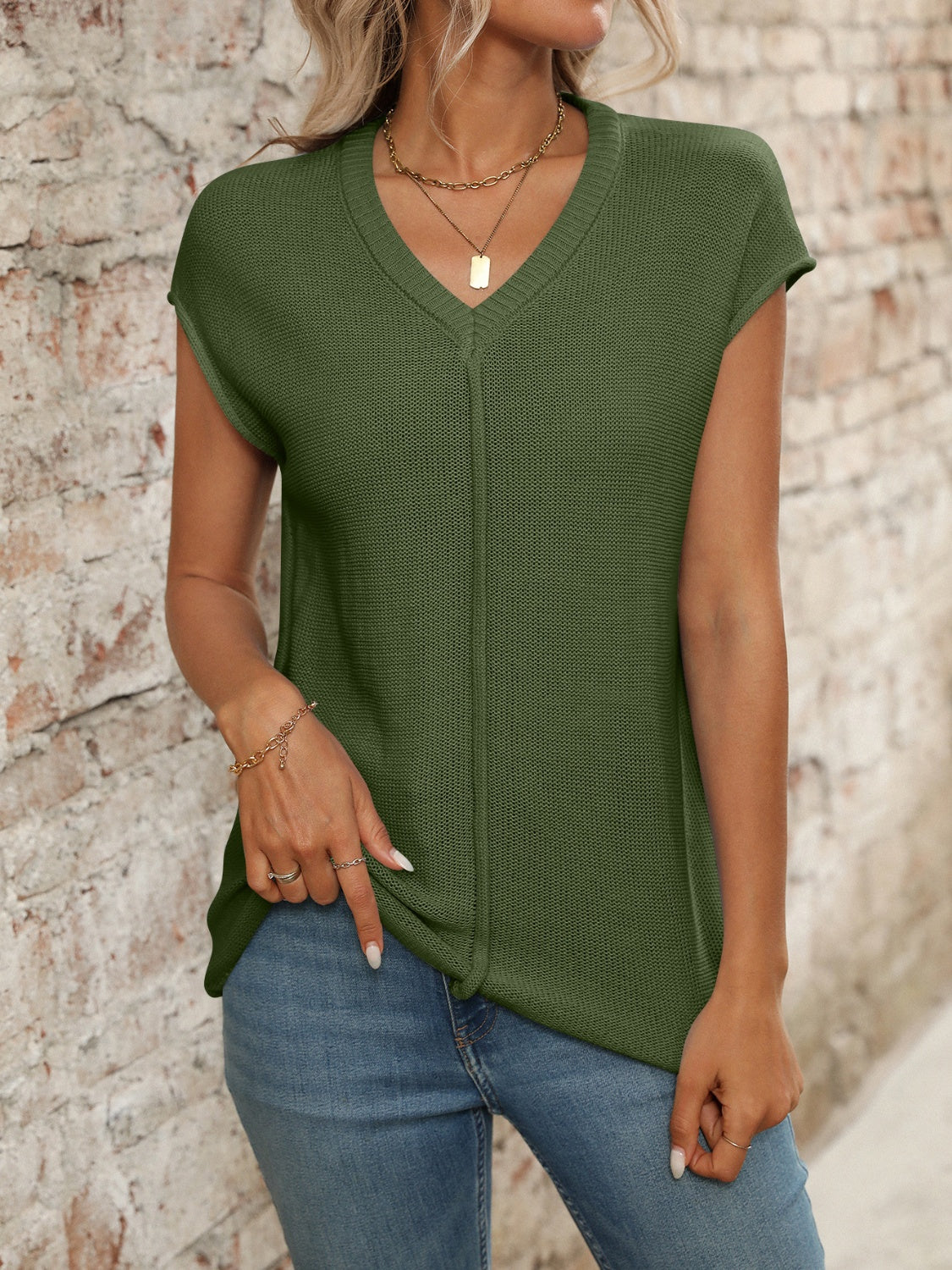 V-Neck Short Sleeve Knit Top.